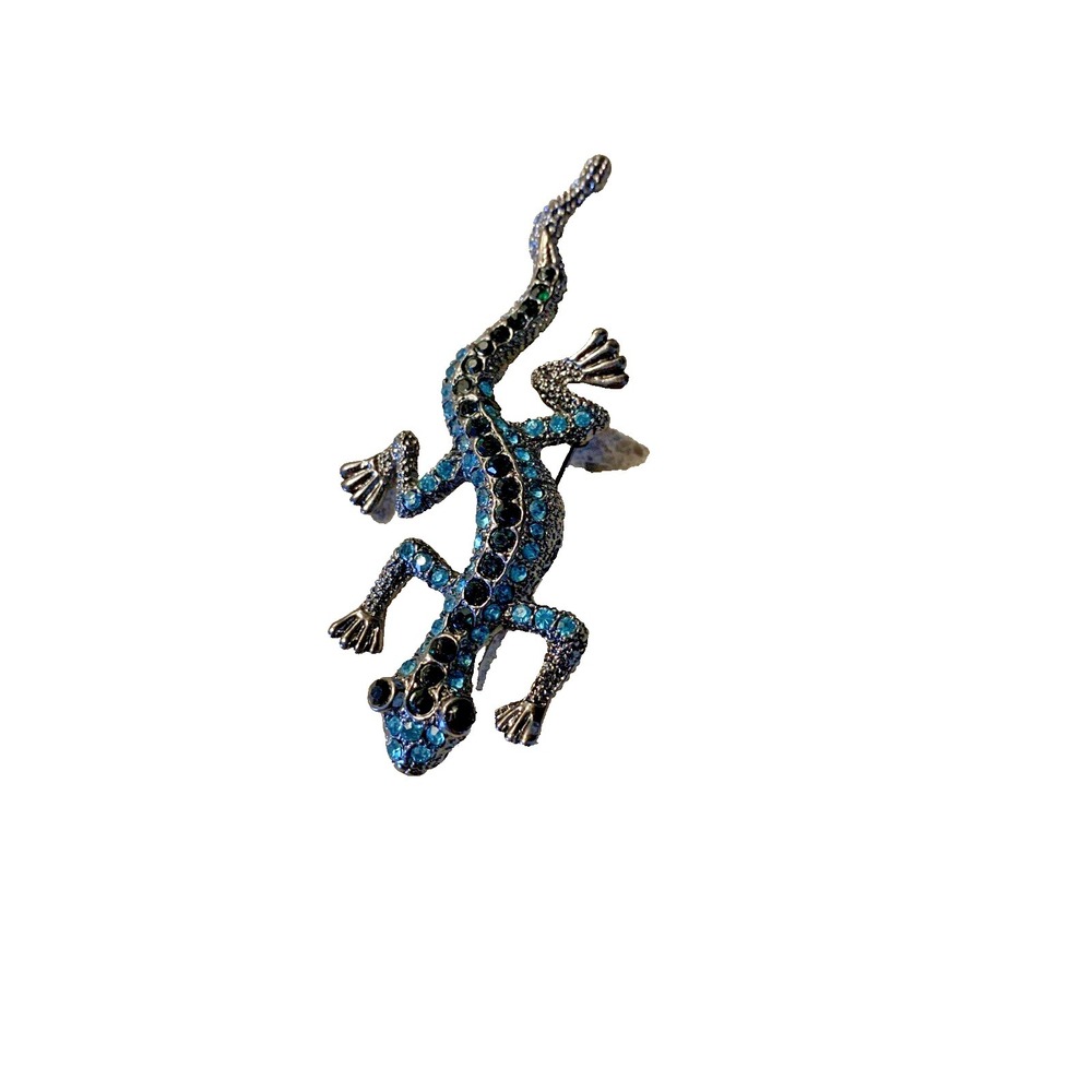 Lizard Brooch Blue Green Crystal Rhinestone Dark Silver Tone Reptile Pin